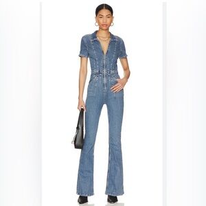 Free people Jayde Denim Short Sleeve Zip-Front Jumpsuit - Blue